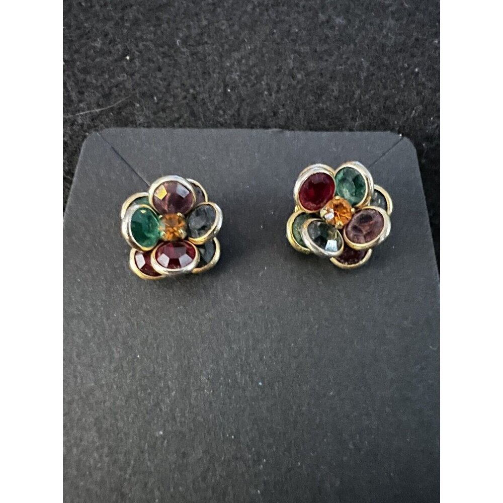 Stunning Maroon and Green 3D Holiday Flowers Stud Post Earrings w Orange Stones - Picture 2 of 4